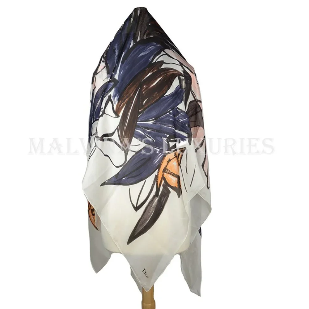 DIOR SCARF STOLE ABSTRACT FLORAL PRINT WOVEN SILK SIGNATURE 52 x 55